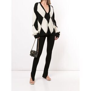 KHAITE The Valerie Argyle 100% Cashmere Academia Sweater Cream V Neck Size XS